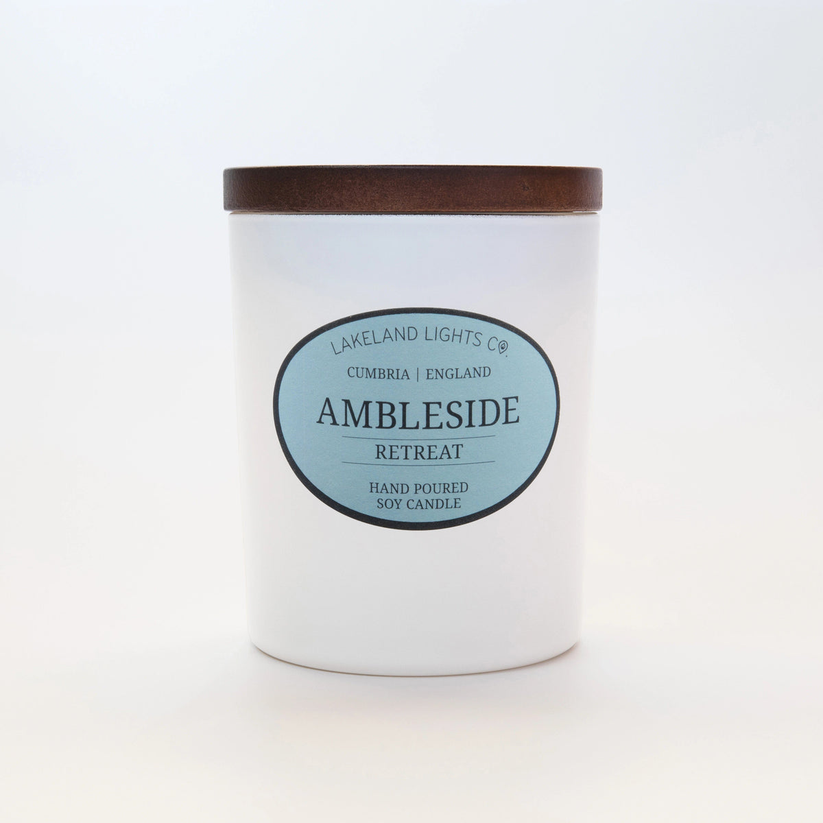 Ambleside Retreat soy candle by Lakeland Lights, showcasing the front label, featuring lavender, lemon, and jasmine scent.